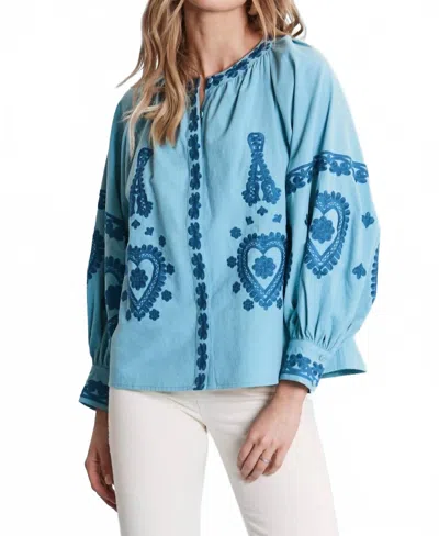 Tyler Boe Lauren Balloon Sleeve Embroidery Top In Blue In Multi