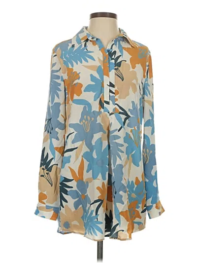 Pre-owned Tyler Boe Long Sleeve Silk Top Blue Print Pattern Tie Neck Tops