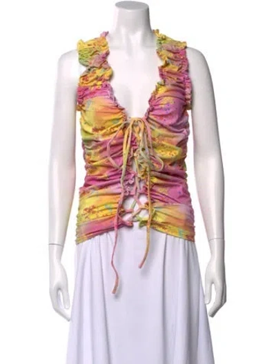 Pre-owned Tyler Mcgillivary Floral Print V-neck Crop Top In Pink