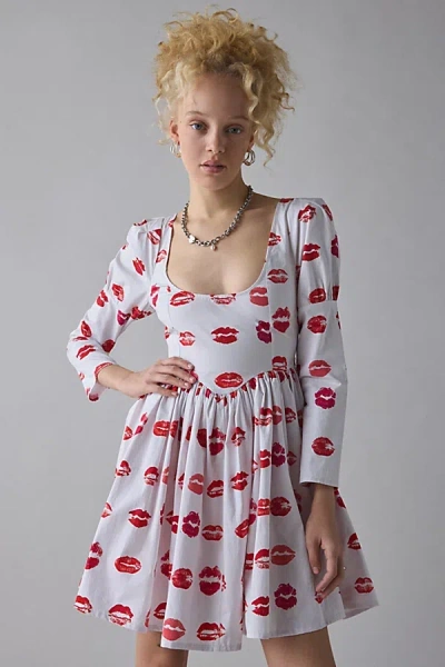 Tyler Mcgillivary Lipstick Stain Long Sleeve Babydoll Mini Dress In Red, Women's At Urban Outfitters In Multi