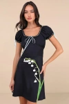 Tyler Mcgillivary Maiden Black Snowdrop Print Lace Ribbon Puff Sleeve Mini Dress In Black