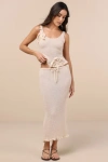 Tyler Mcgillivary Mimi Cream Semi-sheer Knit Drawstring Midi Skirt In White