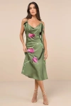 Tyler Mcgillivary Thistle Green Multi Satin Cowl Neck Midi Dress In Green