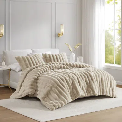 Tyno 3 Pcs King Ultrasoft Faux Fur Ribbed Comforter Set Taupe In Neutral
