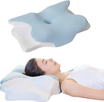Tyno Cervical Memory Foam Pillow - Ergonomic Neck Support For Side, Back & Stomach Sleepers Odorless Beau In Blue