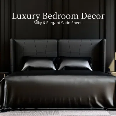 Tyno Satin Bed Sheets, King Size Sheets Set, 4 Pcs Silky Bedding Set With 15 Inches Deep Pocket For Mattr In Black
