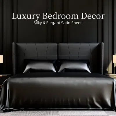 Tyno Satin Bed Sheets, Queen Size Sheets Set, 4 Pcs Silky Bedding Set With 15 Inches Deep Pocket For Matt In Black