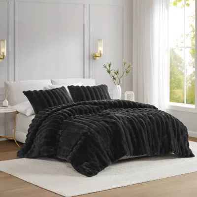 Tyno Ultrasoft Faux Fur Ribbed Comforter Set Full/queen In Black