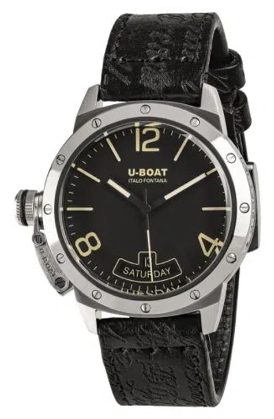 Pre-owned U-boat Classico Vintage Automatic Steel Black Leather Day/date Mens Watch 8890