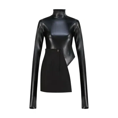 Úchè Women's Black Leather Half Denim Skirt Bodysuit
