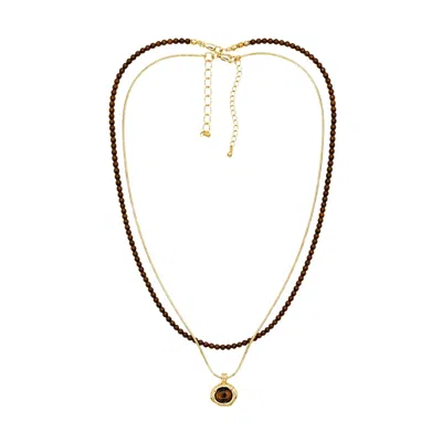Uchi And Soto Women's Gold / Brown Nekomeishi Tiger's Eye Beads & Gold Chain Pendant In Gold/brown