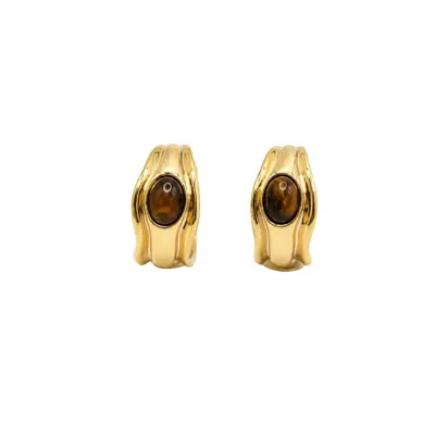 Uchi And Soto Women's Gold / Brown Nekomeishi Tiger's Eye Stone Hoop Earrings In Gold/brown