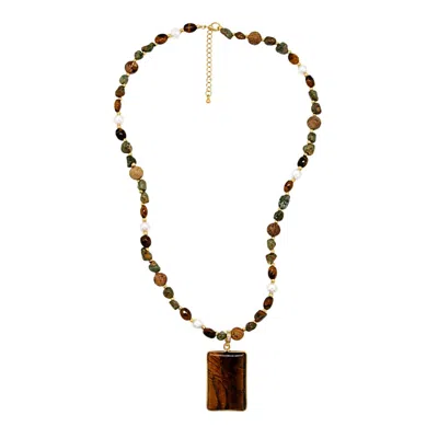 Uchi And Soto Women's Gold / Green / Brown Nekomeishi Tigers Eye & Semi-precious Stones Necklace