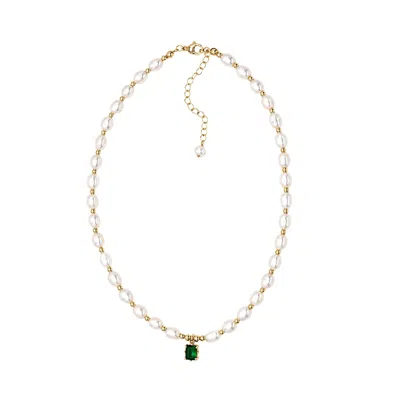 Uchi And Soto Women's Gold / Green / White Shinju Pearl Necklace With Green Stone In Gold/green/white