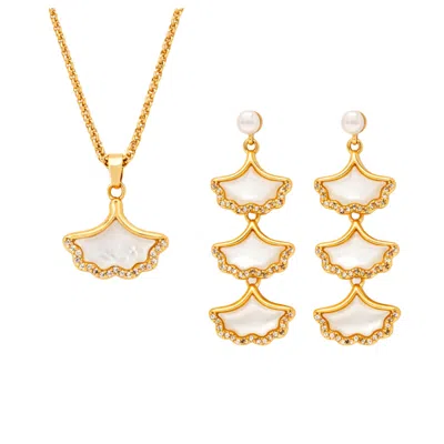 Uchi And Soto Women's Gold / White Gingko Gold Shell Earrings + Necklace Bundle
