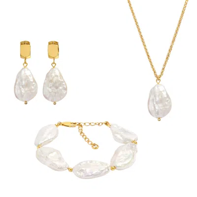 Uchi And Soto Women's Gold / White Shinju Gold Baroque Pearl Earrings + Bracelet + Necklace Bundle