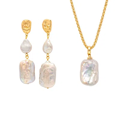 Uchi And Soto Women's Gold / White Shinju Gold Square Pearl Earrings + Necklace Bundle