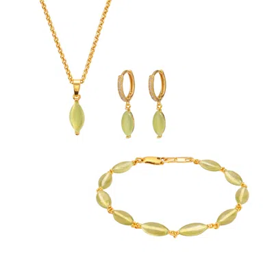 Uchi And Soto Women's Green / Gold Nekomeishi Green Cats Eye Earrings + Bracelet + Necklace Bundle