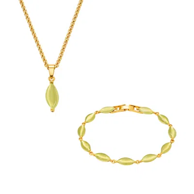 Uchi And Soto Women's Green / Gold Nekomeishi Green Cats Eye Pendant Necklace + Bracelet Bundle