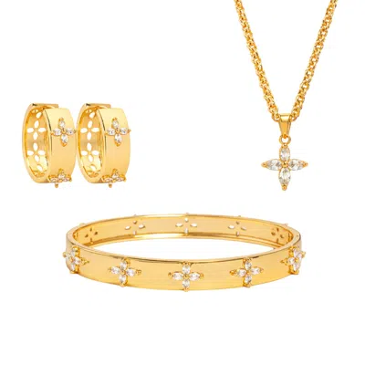 Uchi And Soto Women's Kinmokusei Gold Floral Hoops Earrings + Bangle + Necklace Bundle