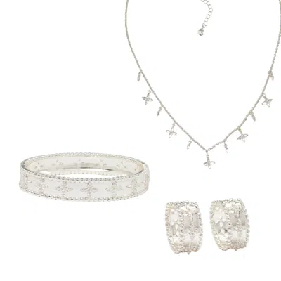 Uchi And Soto Women's Kinmokusei Silver Floral Necklace + Earrings + Bangle Bundle