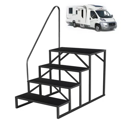 Udia Hot Tub Steps Outdoor, 4 Rv Steps With Handrail, Portable Rv Stairs 3 Step, Heavy Duty Truck Camper  In Black