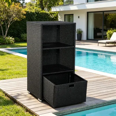 Udia Poolside Towel Cabinet, Rattan Wicker With Storage,2-tier Shelves And Bottom Drawer In Black