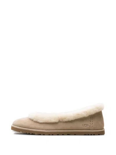 Ugg Zora Ballet Shoes Fur Trim Rubber Sole In Neutral