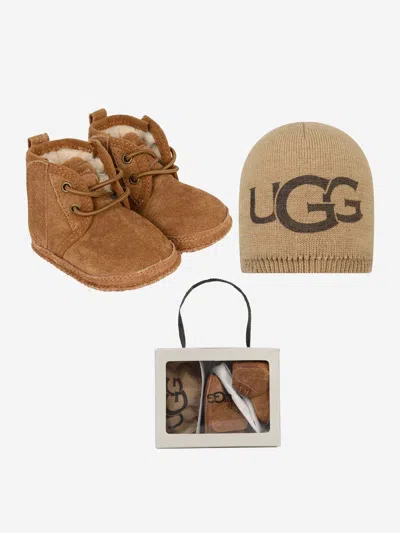 Ugg Baby Neumel Booties And Beanie Gift Set In Brown