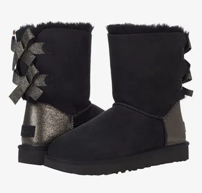 Pre-owned Ugg Bailey Bow Glitz Genuine Shearling Flat Boots Black Twinface Sheepskin Sz 10