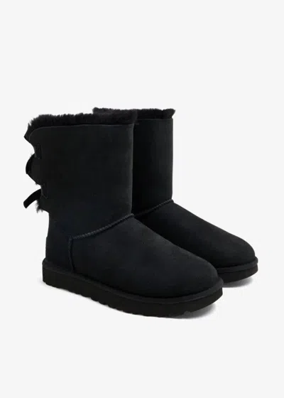 Pre-owned Ugg Bailey Bow Ii 1016225-blk Women's Black Sheepskin Leather Round Toe Boots