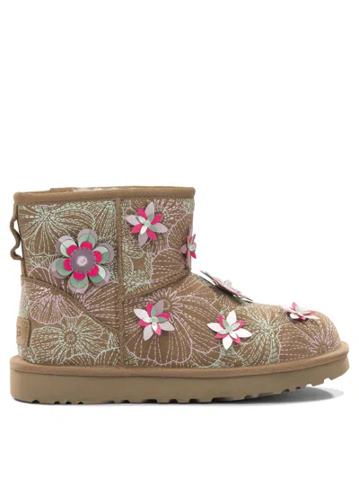 Ugg Plush Embroidered Suede Classic Mini Meadow Ankle Boots For Women In Brown