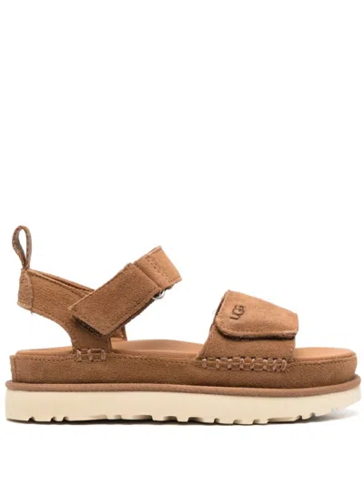 UGG BROWN LOGO OPEN TOE SANDALS