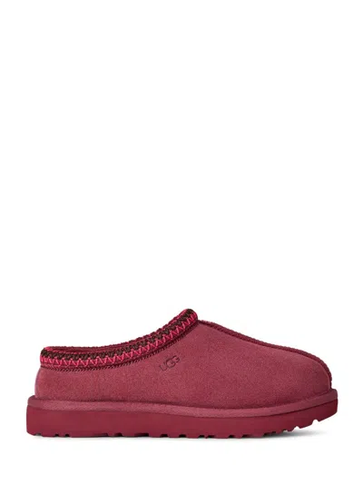 Ugg Burgundy Suede Slippers With Embroidered Profile And Branding In White