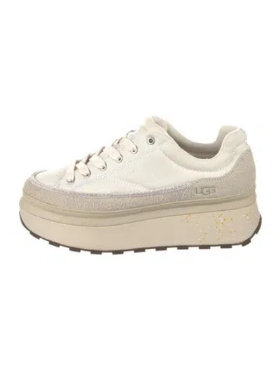 Pre-owned Ugg Canvas Leather Trim Embellishment Chunky Sneakers In White