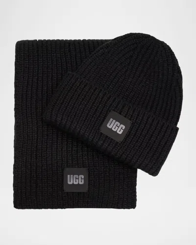 Ugg Chunky Knit Beanie & Scarf Set In Black