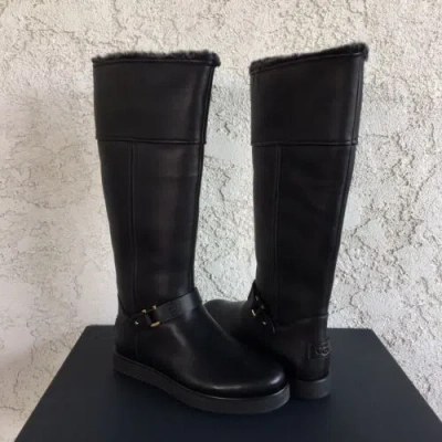 Pre-owned Ugg Classic Berge Tall Black Leather Shearling Knee High Boots Size Us 7 Womens