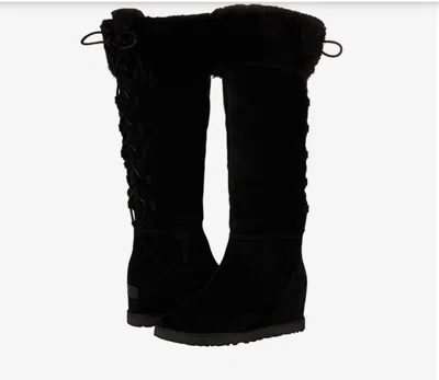 Pre-owned Ugg Classic Femme Genuine Shearling Lace Boots Over-knee Wedge Black Suede Sz 10