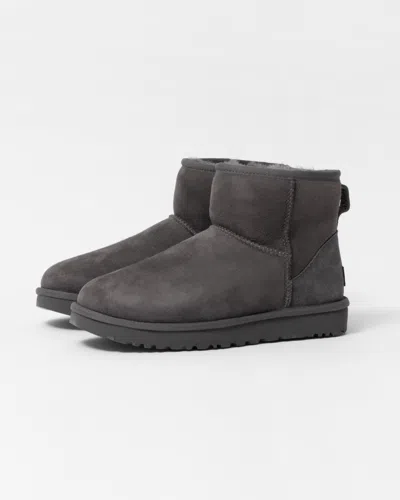 Ugg Classic Mini Grey Ankle Boots With Logo Patch On The Rear In Suede Woman In Gray