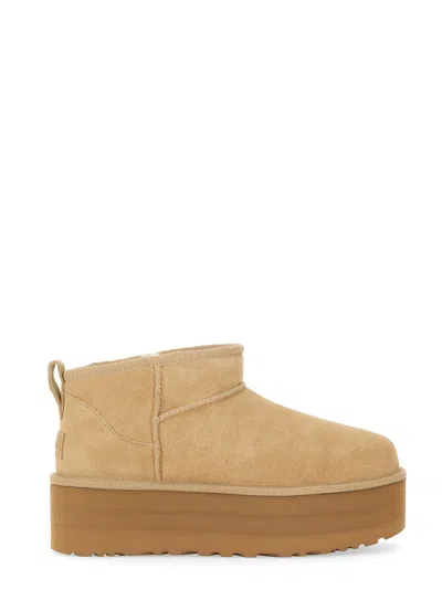 Ugg Classic Ultra Mini P Low Heels Ankle Boots In Beige Suede In Sand