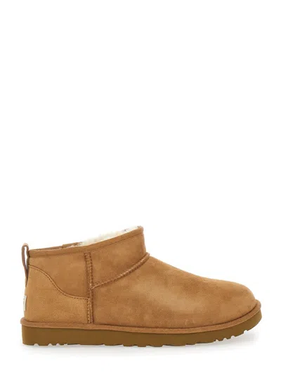 Ugg Classic Ultra Mini Low Heels Ankle Boots In Leather Color Suede In Brown