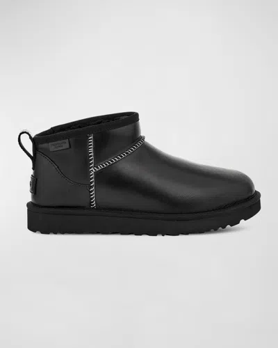 Ugg Classic Ultra Mini Leather Cozy Ankle Boots In Black