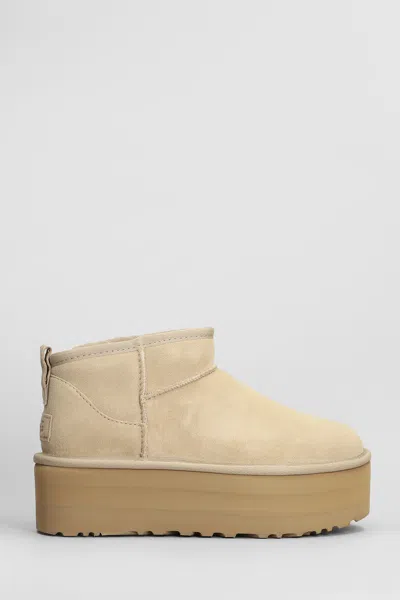 Ugg Classic Ultra Mini Low Heels Ankle Boots In Beige Suede