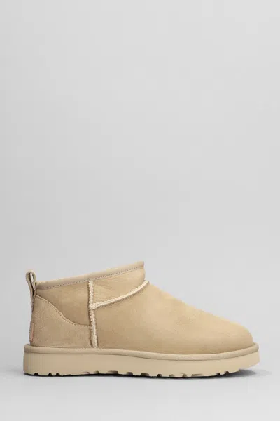 Ugg Classic Ultra Mini Low Heels Ankle Boots In Beige Suede