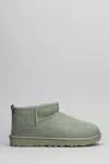 UGG UGG CLASSIC ULTRA MINI LOW HEELS ANKLE BOOTS IN GREEN SUEDE