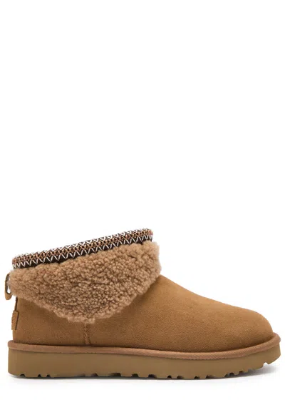Ugg Classic Ultra Mini Maxi Curly Suede Ankle Boots In Tan