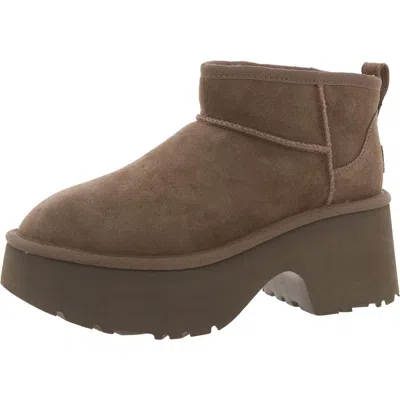 Ugg Classic Ultra Mini New Heights Womens Faux Fur Lined Leather Ankle Boots In Brown