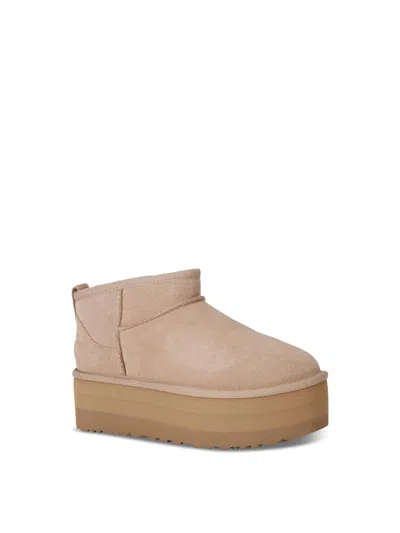 Ugg Classic Ultra Mini Plaform Suede Ankle Boots In Beige