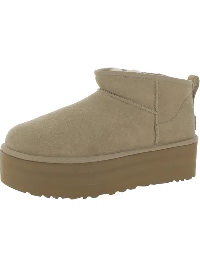 Ugg Classic Ultra Mini Platform Womens Suede Sherpa Ankle Boots In Beige