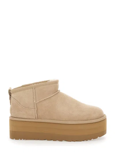 Ugg Classic Ultramini Beige Ankle Boots With Platform In Leather Woman